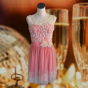 Crean and Pink Lace Party Dress